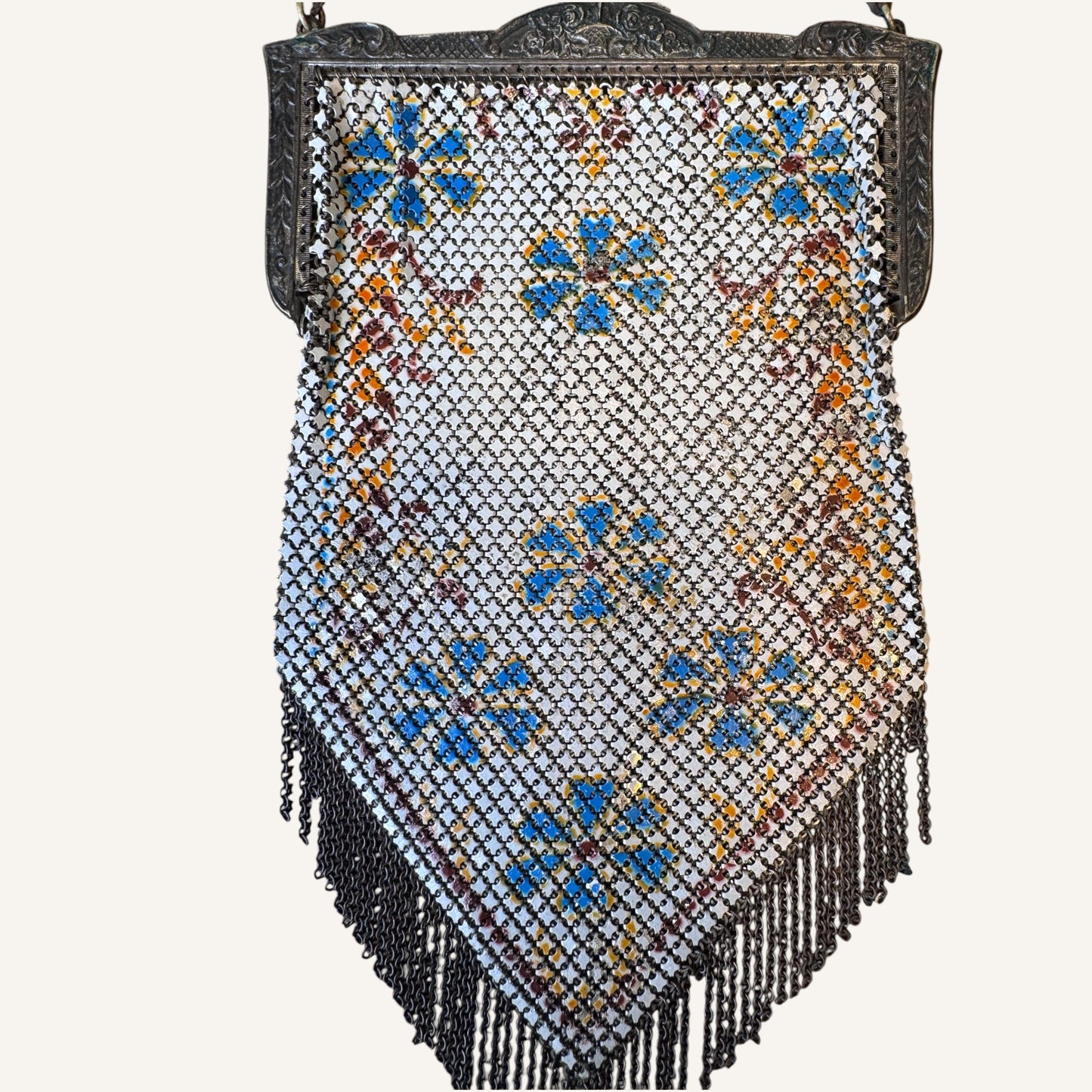 Antique Mandalian Mfg. Co. Enameled Mesh Purse – Hand-Painted Floral Motif with Fringe, Circa 1920s