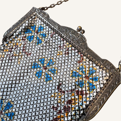 Antique Mandalian Mfg. Co. Enameled Mesh Purse – Hand-Painted Floral Motif with Fringe, Circa 1920s