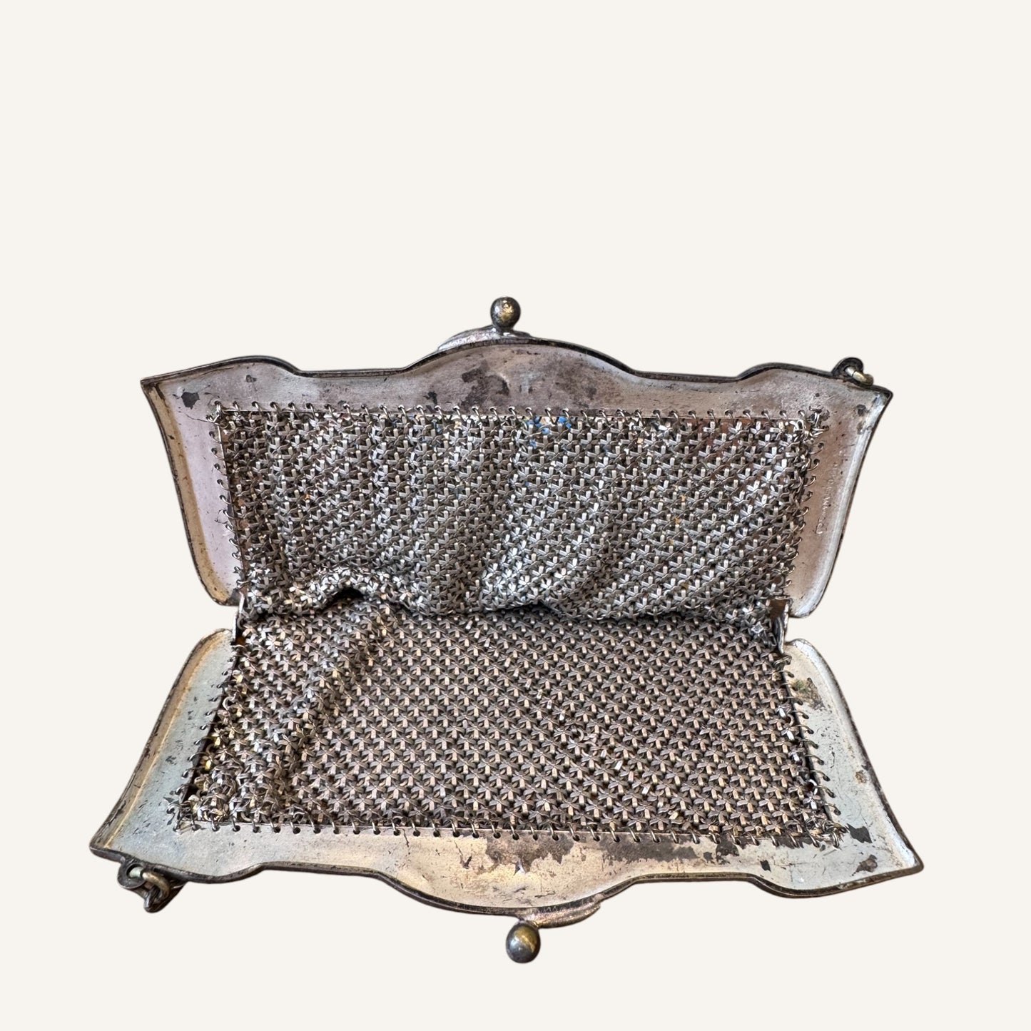 Antique Mandalian Mfg. Co. Enameled Mesh Purse – Hand-Painted Floral Motif with Fringe, Circa 1920s