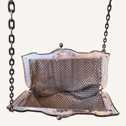 Antique Mandalian Mfg. Co. Enameled Mesh Purse – Hand-Painted Floral Motif with Fringe, Circa 1920s