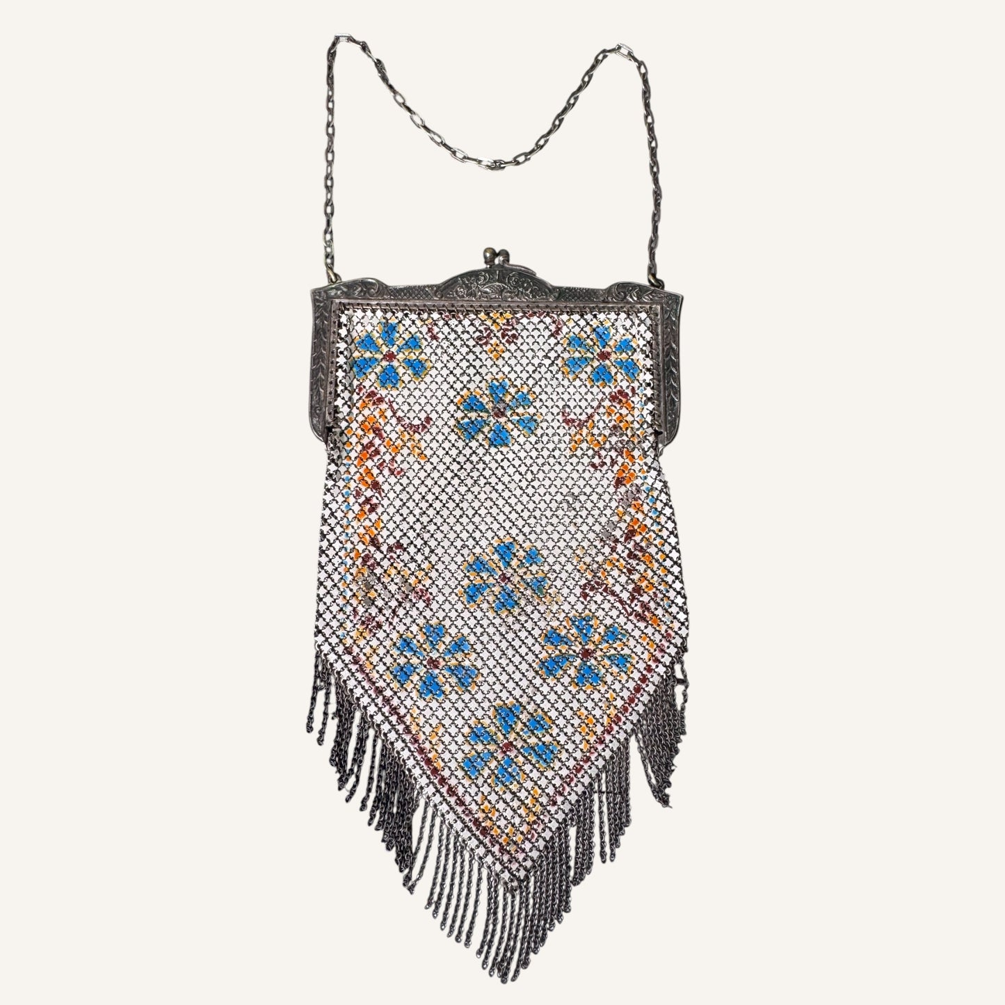 Antique Mandalian Mfg. Co. Enameled Mesh Purse – Hand-Painted Floral Motif with Fringe, Circa 1920s