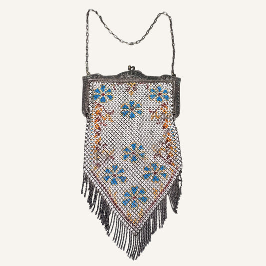 Antique Mandalian Mfg. Co. Enameled Mesh Purse – Hand-Painted Floral Motif with Fringe, Circa 1920s