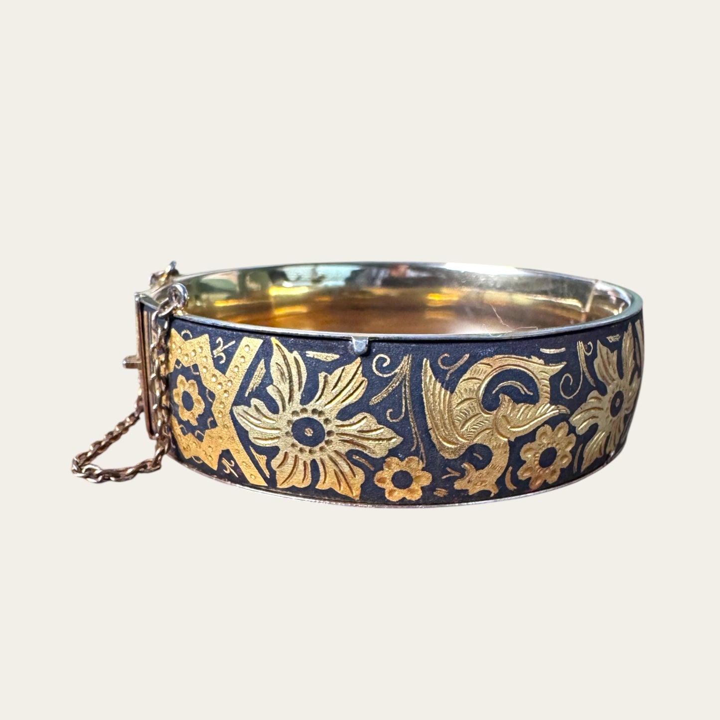Vintage Spanish Damascene Hinged Cuff Bracelet – Black & Gold Toledo Inlay, Mid-Century