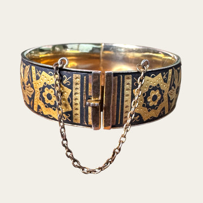 Vintage Spanish Damascene Hinged Cuff Bracelet – Black & Gold Toledo Inlay, Mid-Century
