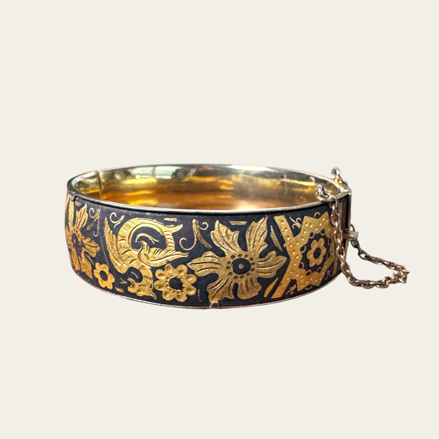 Vintage Spanish Damascene Hinged Cuff Bracelet – Black & Gold Toledo Inlay, Mid-Century