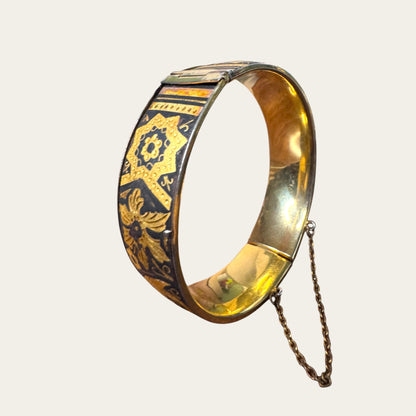 Vintage Spanish Damascene Hinged Cuff Bracelet – Black & Gold Toledo Inlay, Mid-Century