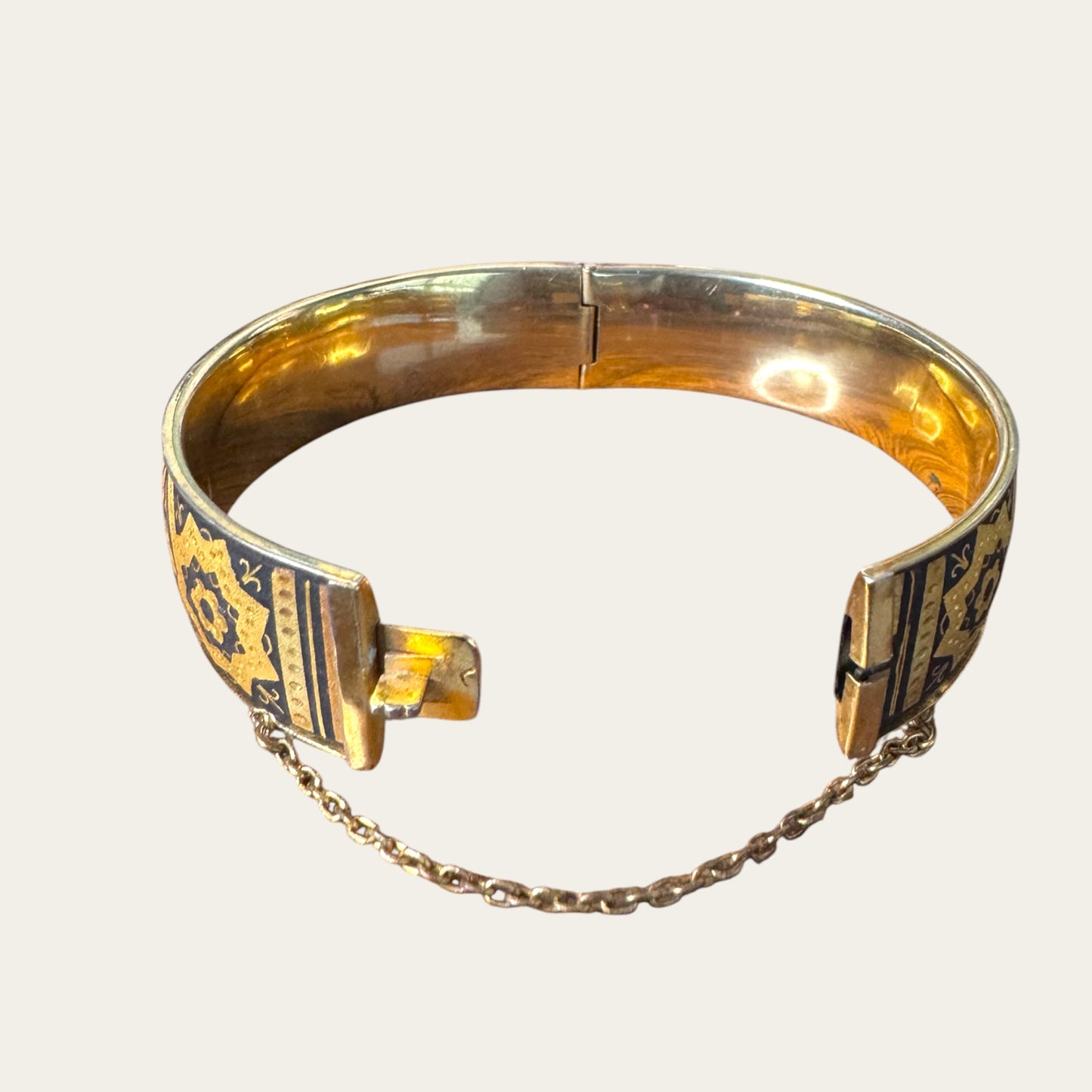 Vintage Spanish Damascene Hinged Cuff Bracelet – Black & Gold Toledo Inlay, Mid-Century