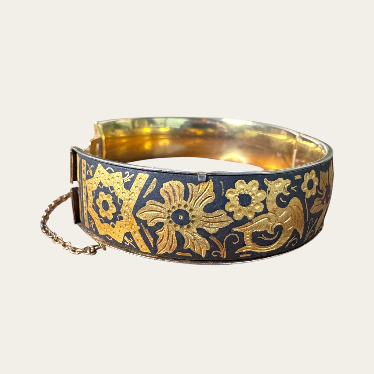 Vintage Spanish Damascene Hinged Cuff Bracelet – Black & Gold Toledo Inlay, Mid-Century