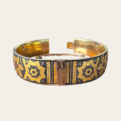 Vintage Spanish Damascene Hinged Cuff Bracelet – Black & Gold Toledo Inlay, Mid-Century