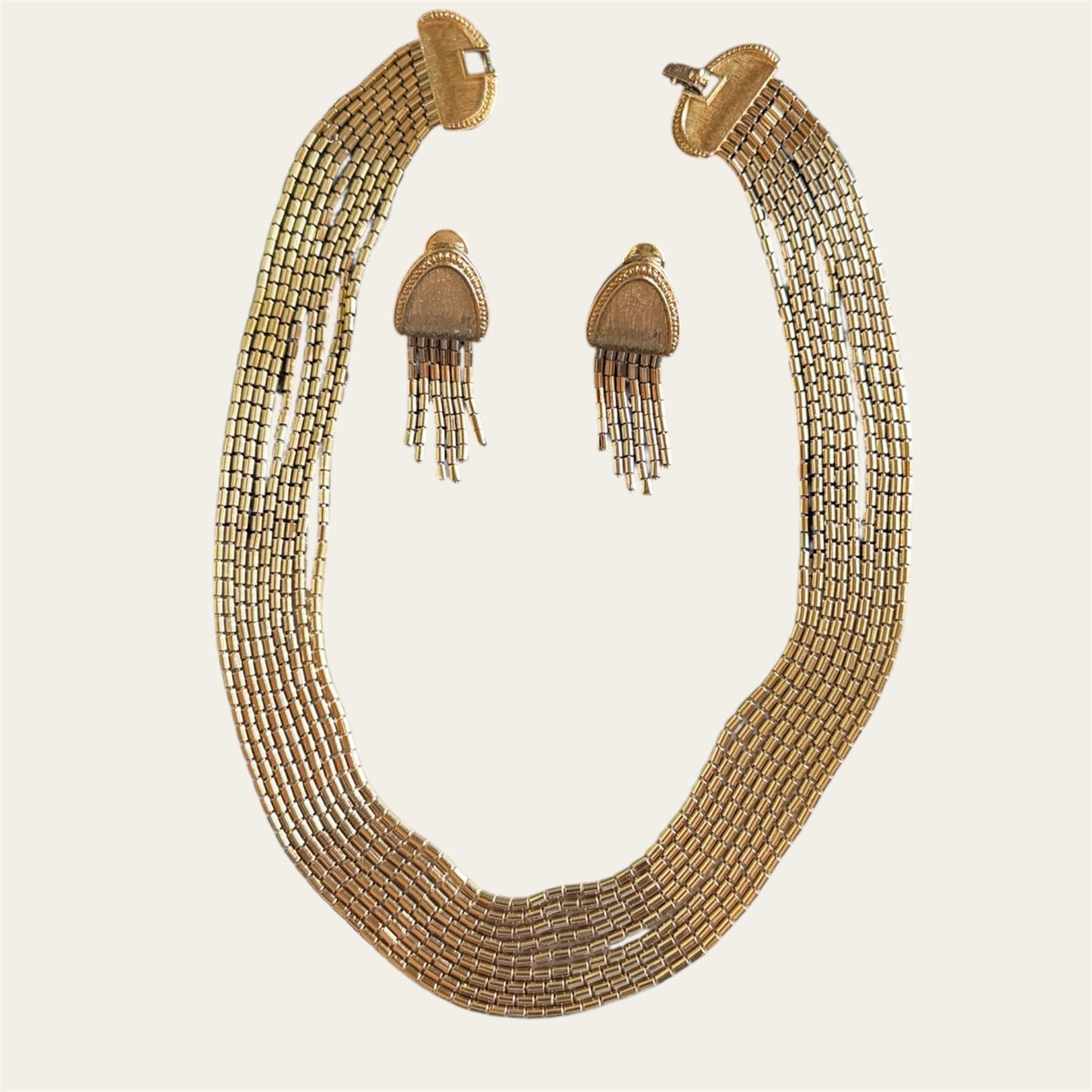 Vintage Monet “Tempo” Multi-Strand Gold Beaded Choker & Dangle Earring Set, 1960s | Nine Strand Sculptural Design