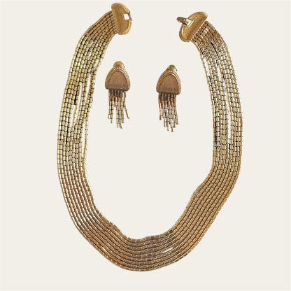 Vintage Monet “Tempo” Multi-Strand Gold Beaded Choker & Dangle Earring Set, 1960s | Nine Strand Sculptural Design