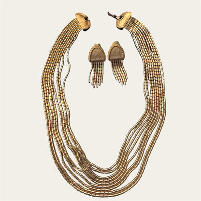 Vintage Monet “Tempo” Multi-Strand Gold Beaded Choker & Dangle Earring Set, 1960s | Nine Strand Sculptural Design