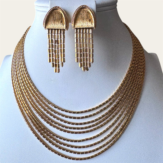 Vintage Monet “Tempo” Multi-Strand Gold Beaded Choker & Dangle Earring Set, 1960s | Nine Strand Sculptural Design