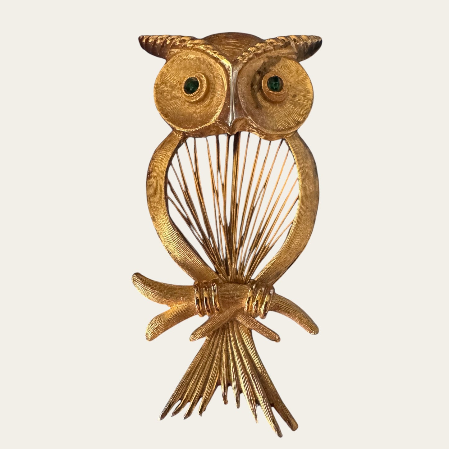 1961 Monet “Red Wire” Spinner Owl Brooch with Emerald Green Rhinestone Eyes