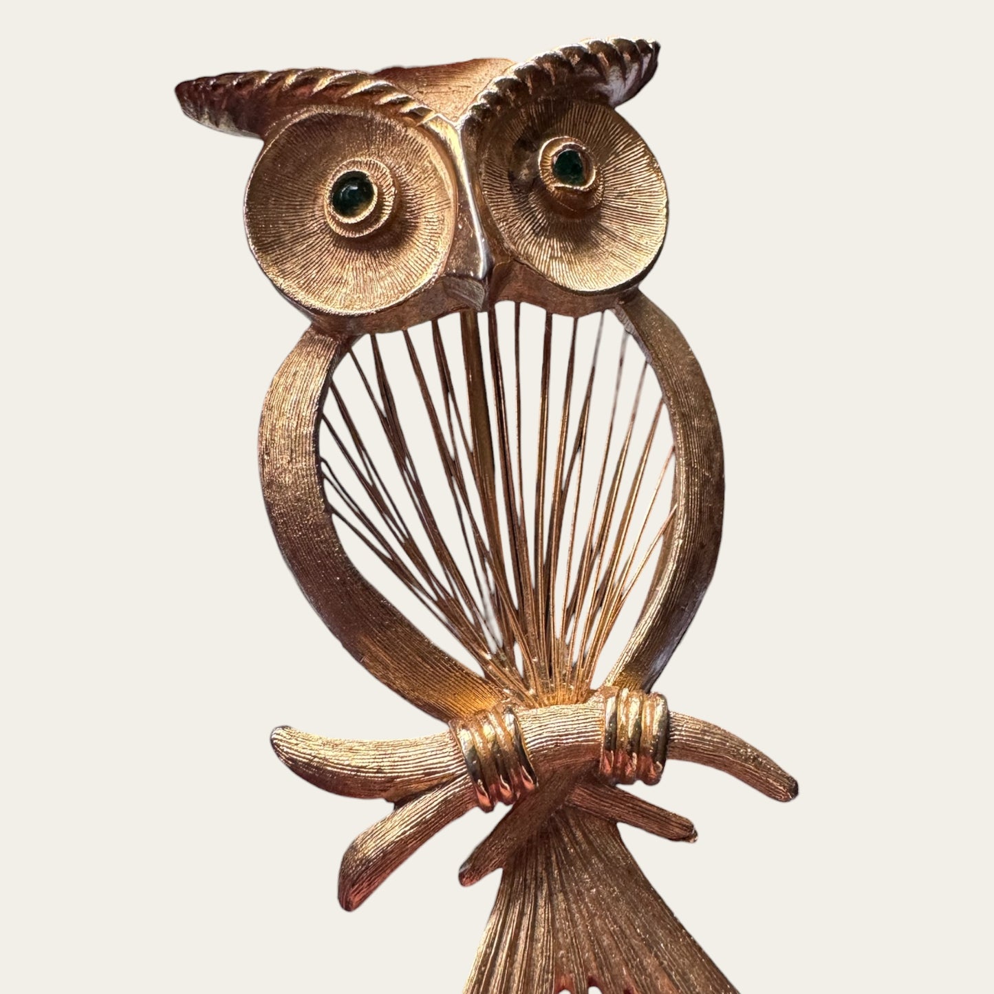 1961 Monet “Red Wire” Spinner Owl Brooch with Emerald Green Rhinestone Eyes