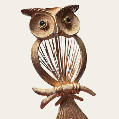 1961 Monet “Red Wire” Spinner Owl Brooch with Emerald Green Rhinestone Eyes