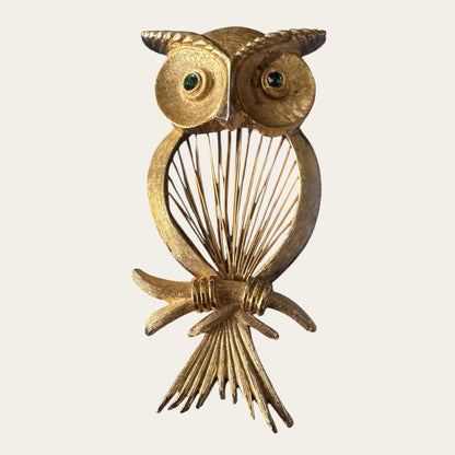 1961 Monet “Red Wire” Spinner Owl Brooch with Emerald Green Rhinestone Eyes