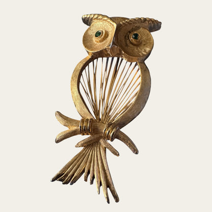 1961 Monet “Red Wire” Spinner Owl Brooch with Emerald Green Rhinestone Eyes