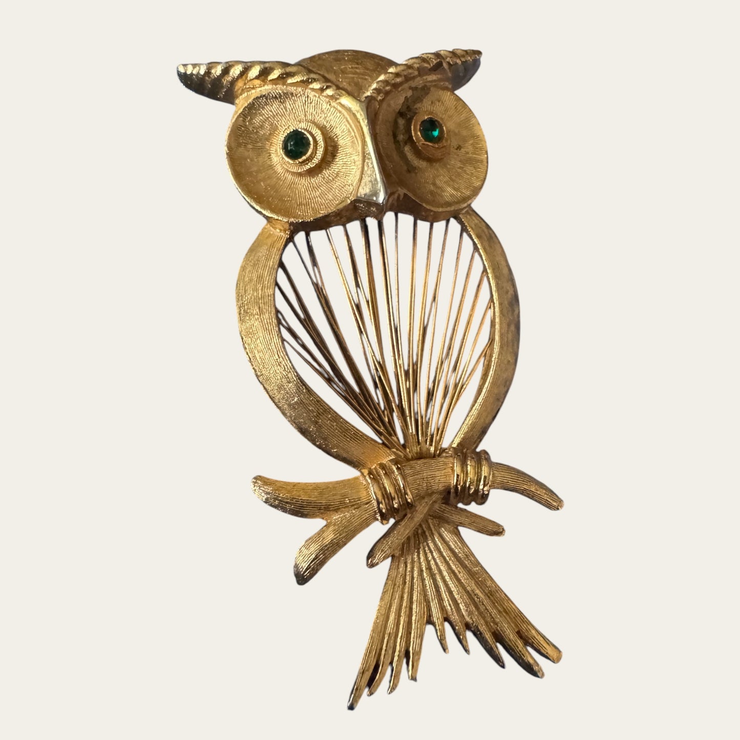 1961 Monet “Red Wire” Spinner Owl Brooch with Emerald Green Rhinestone Eyes