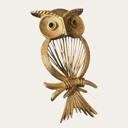 1961 Monet “Red Wire” Spinner Owl Brooch with Emerald Green Rhinestone Eyes