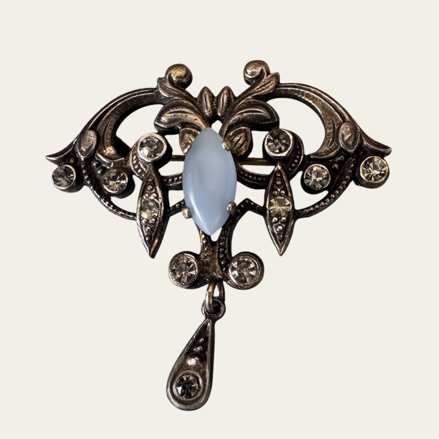 Edwardian Revival Moonstone Navette & Foiled Rhinestone Lavalier-Style Brooch