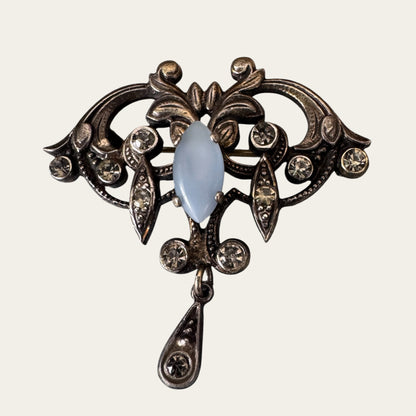 Edwardian Revival Moonstone Navette & Foiled Rhinestone Lavalier-Style Brooch