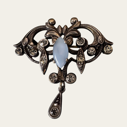Edwardian Revival Moonstone Navette & Foiled Rhinestone Lavalier-Style Brooch