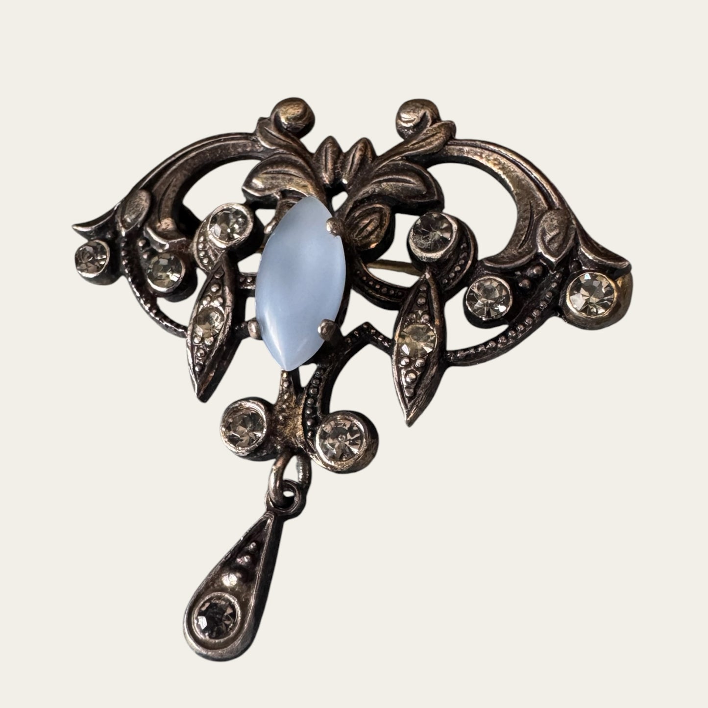 Edwardian Revival Moonstone Navette & Foiled Rhinestone Lavalier-Style Brooch