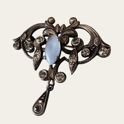 Edwardian Revival Moonstone Navette & Foiled Rhinestone Lavalier-Style Brooch