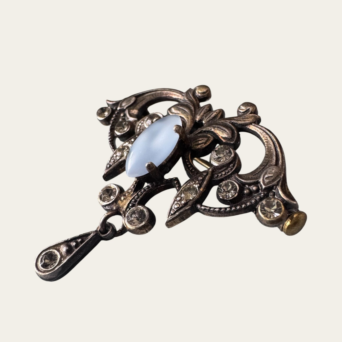 Edwardian Revival Moonstone Navette & Foiled Rhinestone Lavalier-Style Brooch