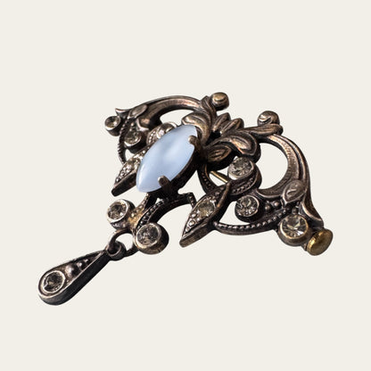 Edwardian Revival Moonstone Navette & Foiled Rhinestone Lavalier-Style Brooch
