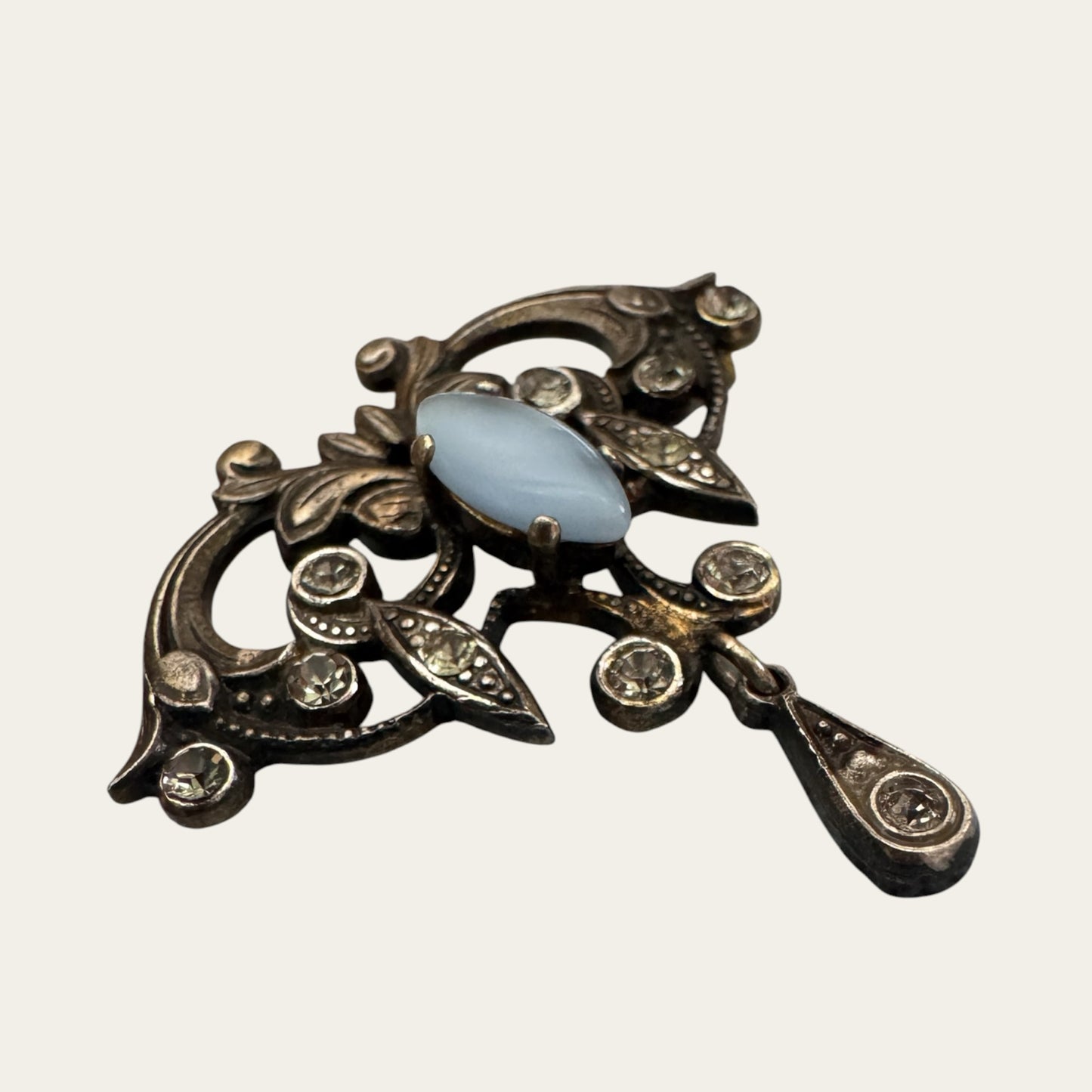 Edwardian Revival Moonstone Navette & Foiled Rhinestone Lavalier-Style Brooch