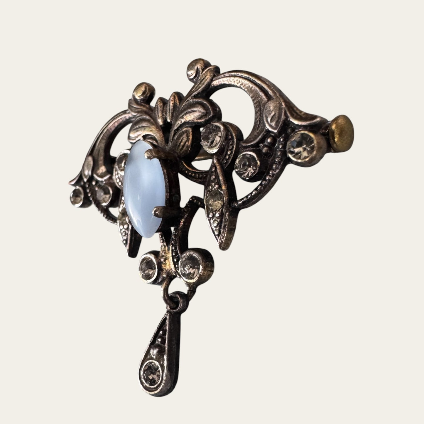 Edwardian Revival Moonstone Navette & Foiled Rhinestone Lavalier-Style Brooch