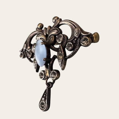 Edwardian Revival Moonstone Navette & Foiled Rhinestone Lavalier-Style Brooch