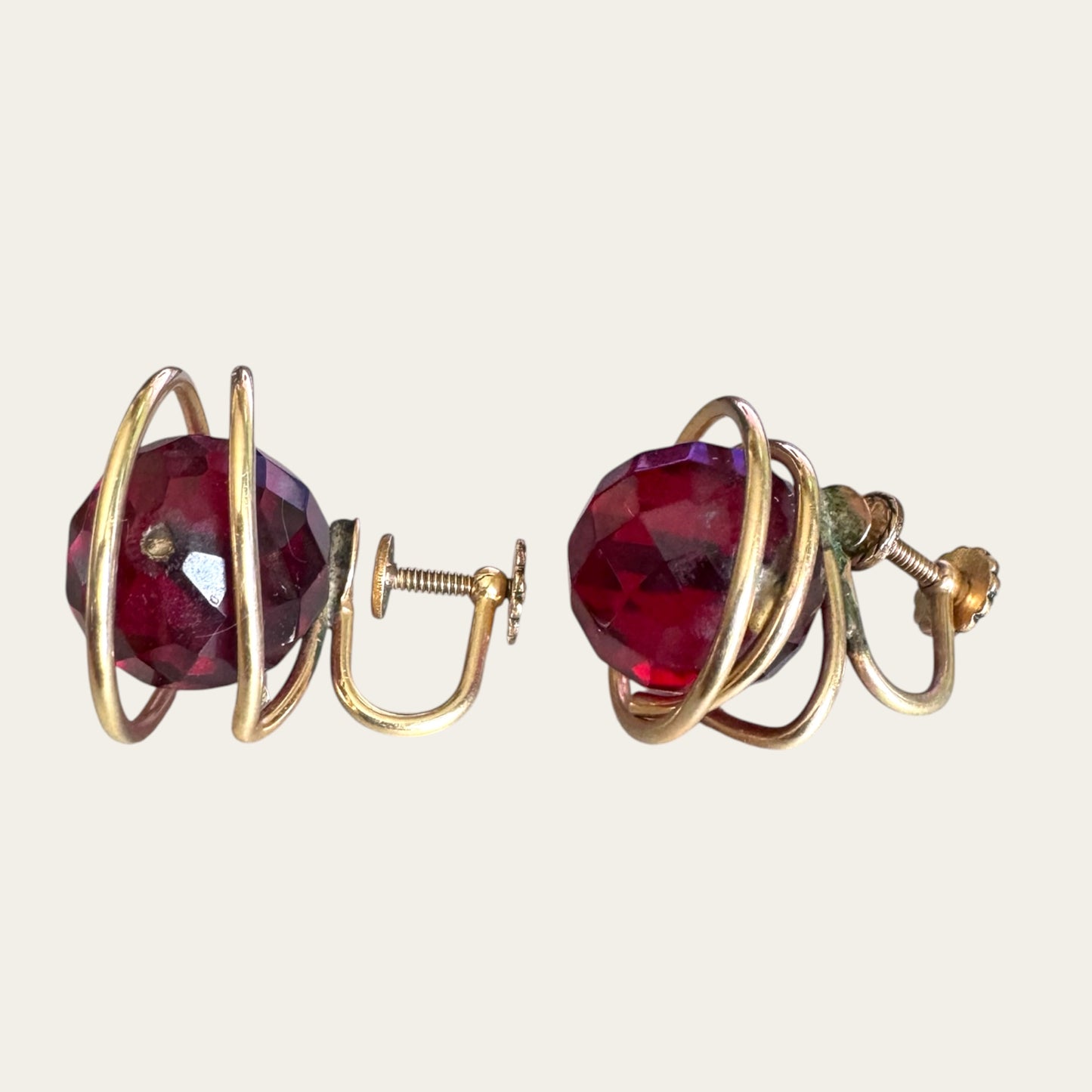 Vintage Cherry Red Bakelite & 12K Gold Filled Screwback Earrings | Art Deco to Early Mid-Century Era