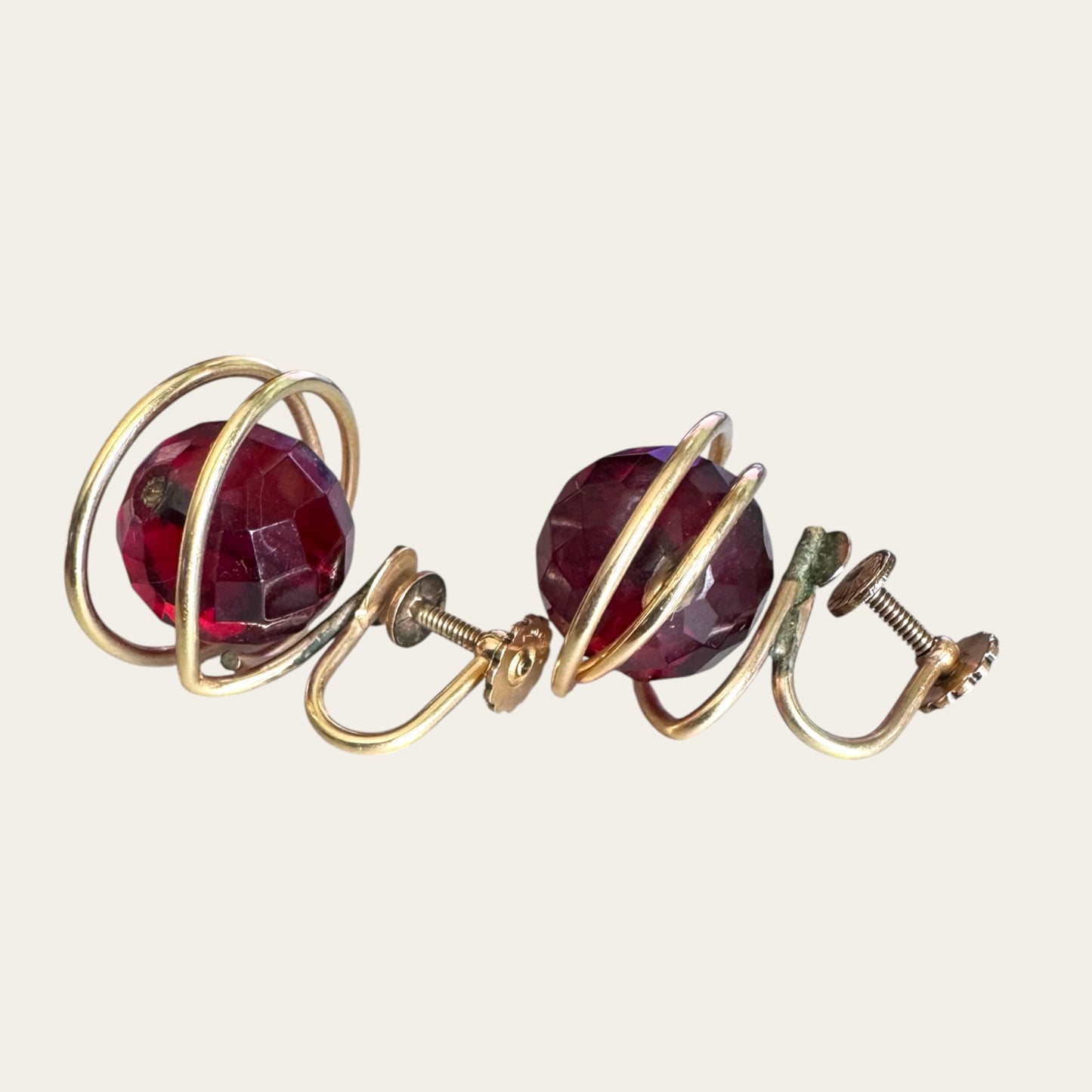 Vintage Cherry Red Bakelite & 12K Gold Filled Screwback Earrings | Art Deco to Early Mid-Century Era