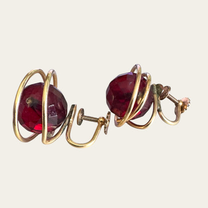 Vintage Cherry Red Bakelite & 12K Gold Filled Screwback Earrings | Art Deco to Early Mid-Century Era