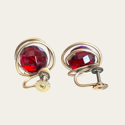 Vintage Cherry Red Bakelite & 12K Gold Filled Screwback Earrings | Art Deco to Early Mid-Century Era