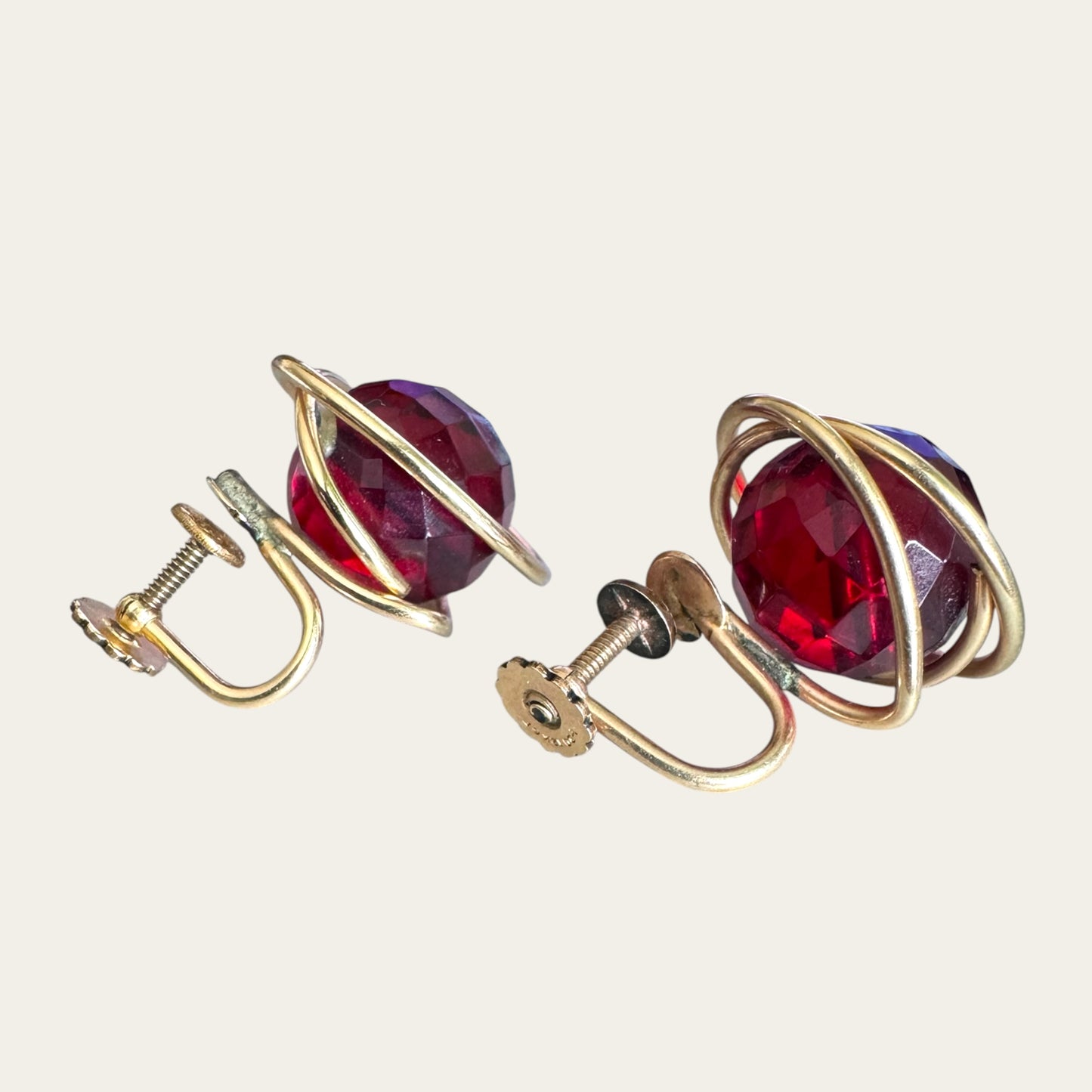 Vintage Cherry Red Bakelite & 12K Gold Filled Screwback Earrings | Art Deco to Early Mid-Century Era
