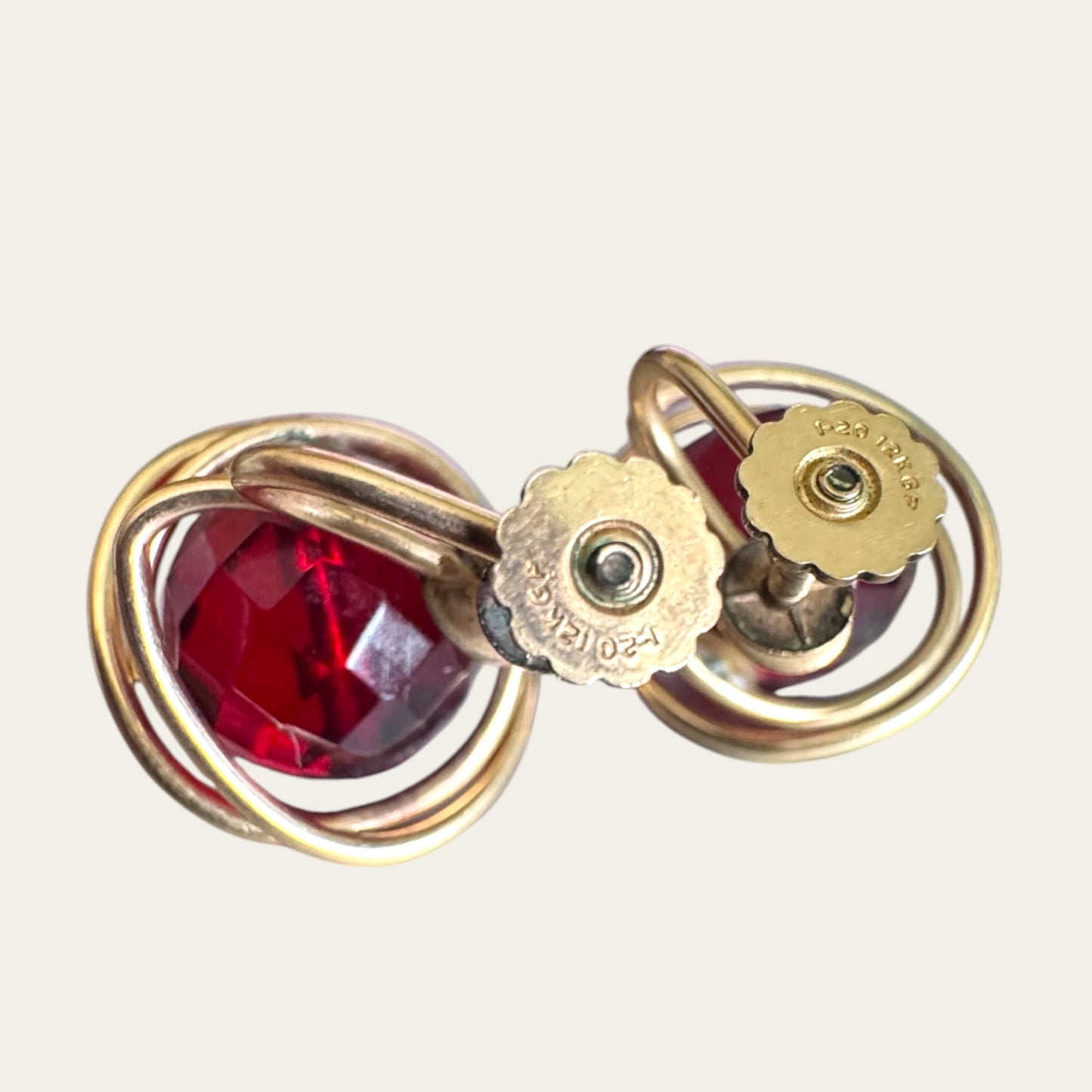 Vintage Cherry Red Bakelite & 12K Gold Filled Screwback Earrings | Art Deco to Early Mid-Century Era