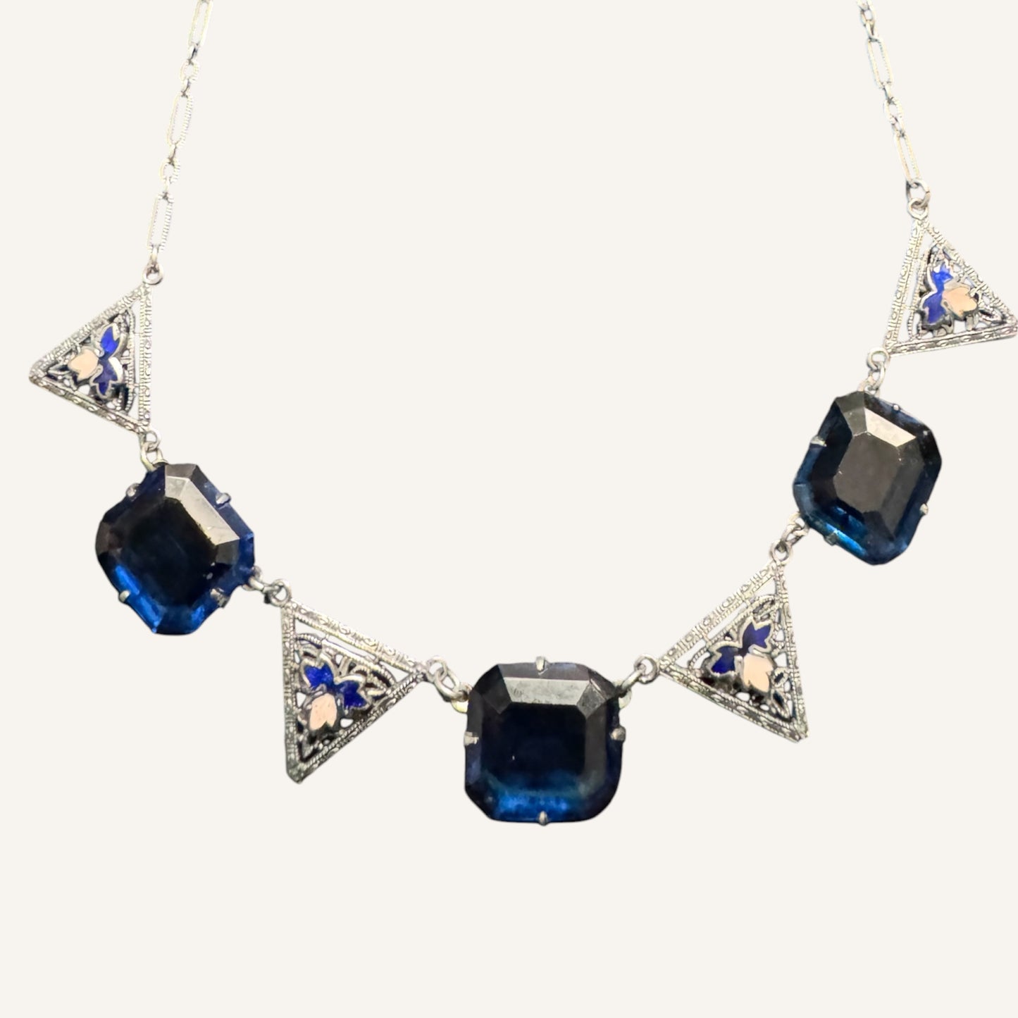 Art Deco Sapphire Blue Glass & Enamel Filigree Necklace Circa 1920s–1930s