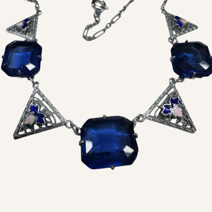 Art Deco Sapphire Blue Glass & Enamel Filigree Necklace Circa 1920s–1930s