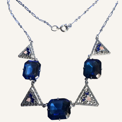 Art Deco Sapphire Blue Glass & Enamel Filigree Necklace Circa 1920s–1930s