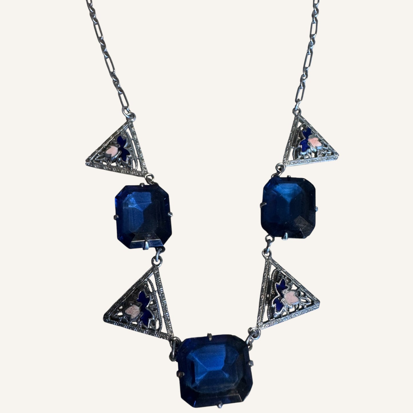 Art Deco Sapphire Blue Glass & Enamel Filigree Necklace Circa 1920s–1930s