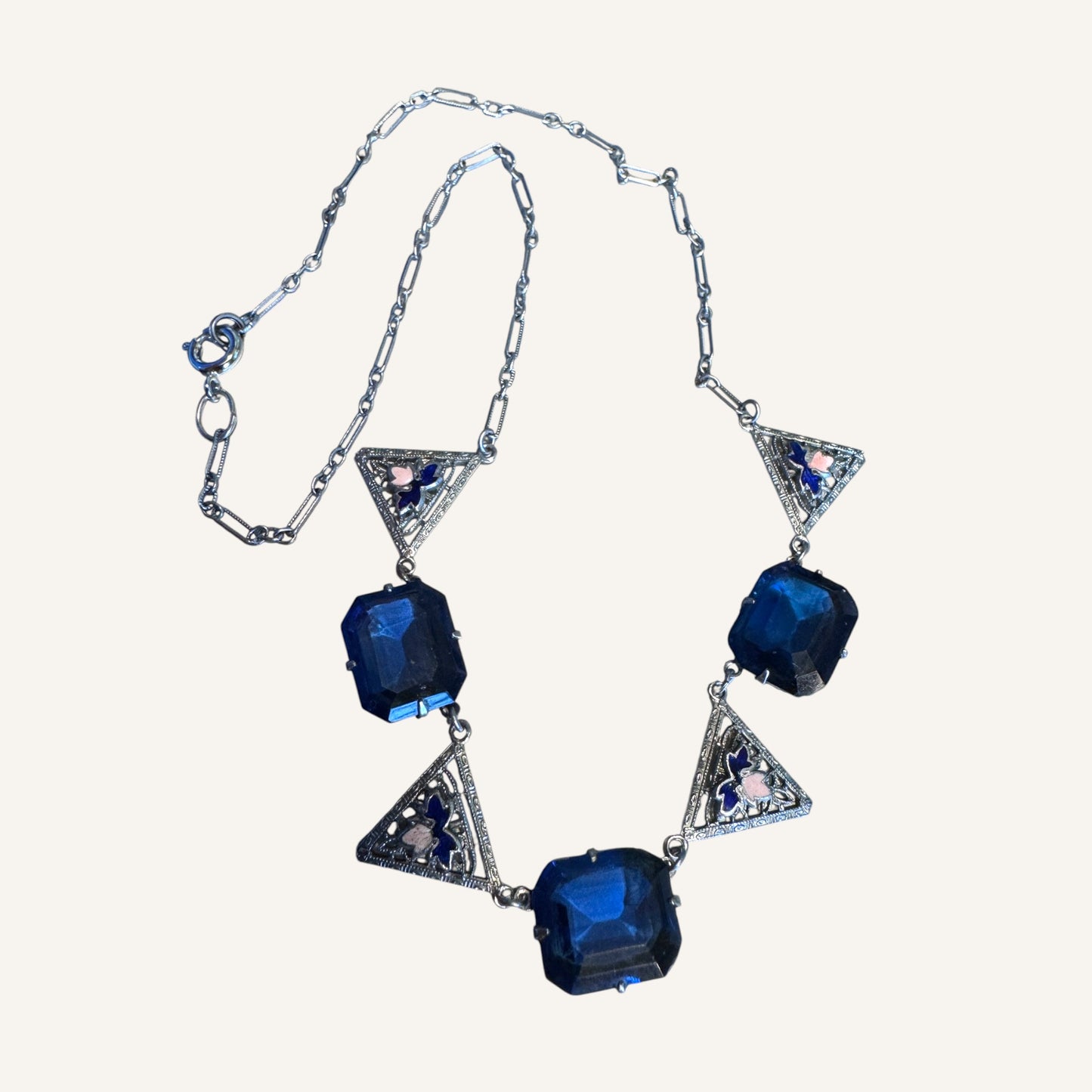 Art Deco Sapphire Blue Glass & Enamel Filigree Necklace Circa 1920s–1930s