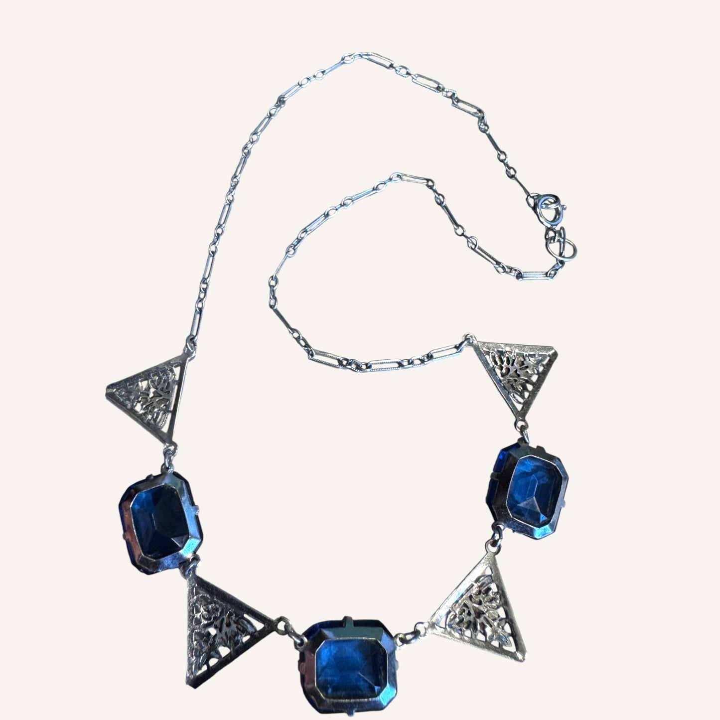 Art Deco Sapphire Blue Glass & Enamel Filigree Necklace Circa 1920s–1930s