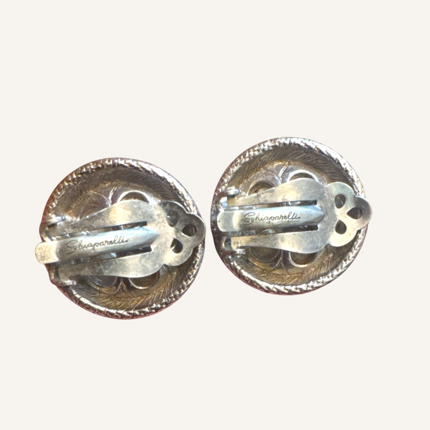 Vintage Elsa Schiaparelli Faux Baroque Pearl Clip-On Earrings – Signed – Silver Tone – Circa 1950s–1960s