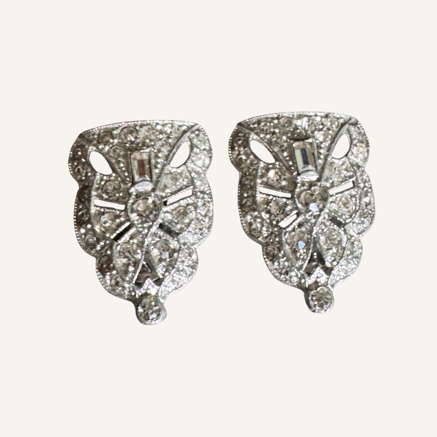 Rare Art Deco Paste Dress Clips Pair | 1930s Silvertone Rhinestone Fur Clips | Patent No. 185-2188