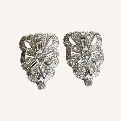 Rare Art Deco Paste Dress Clips Pair | 1930s Silvertone Rhinestone Fur Clips | Patent No. 185-2188