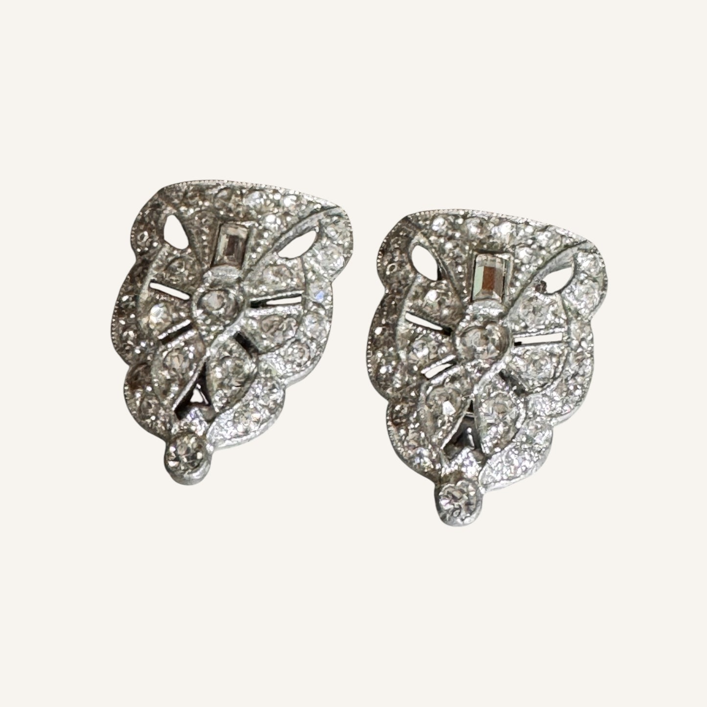 Rare Art Deco Paste Dress Clips Pair | 1930s Silvertone Rhinestone Fur Clips | Patent No. 185-2188